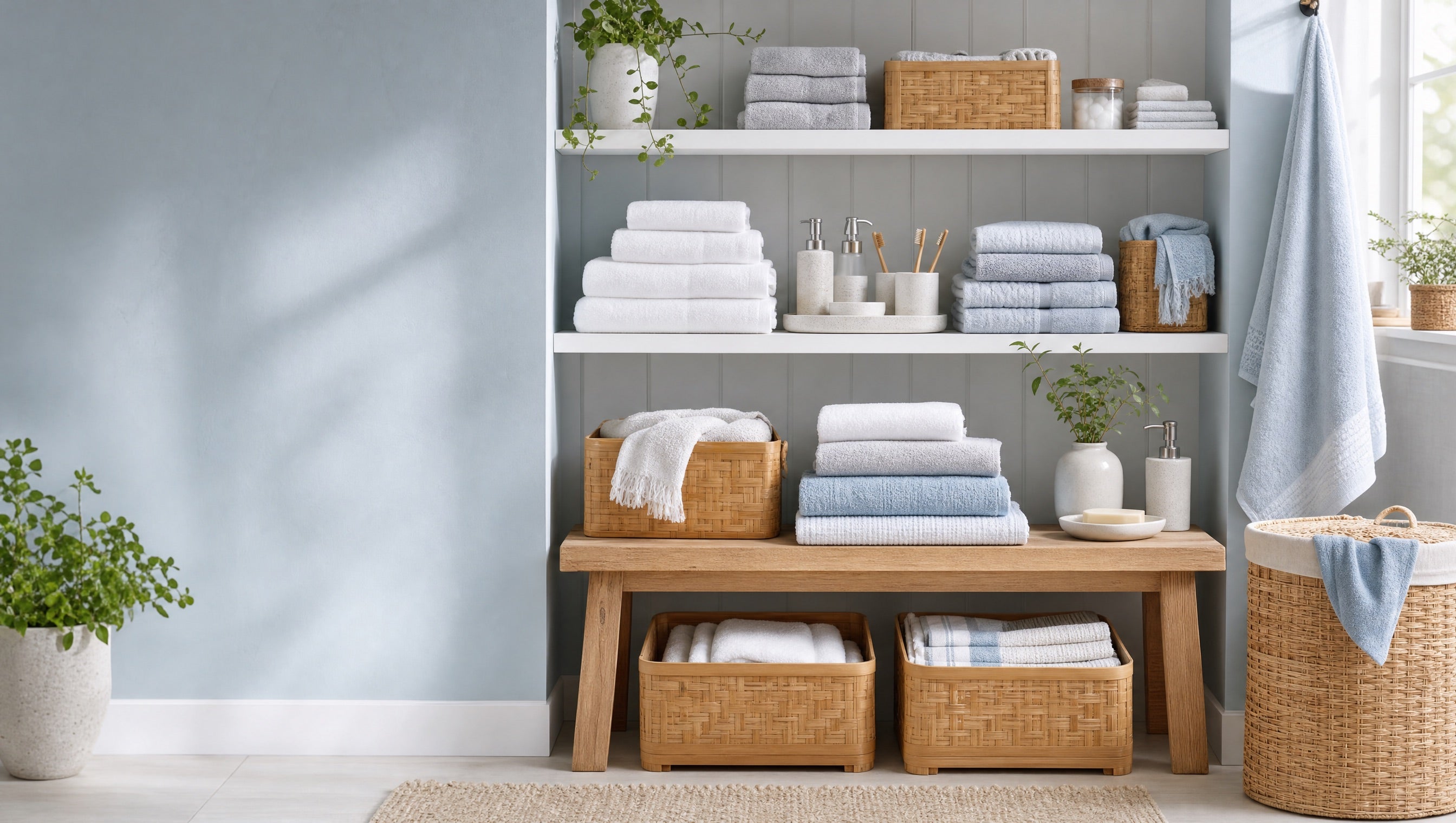 Fürdőszobai textilek és kiegészítők polcokon